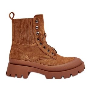Botki Trapery Damskie Sznurowane Camel Gordts brązowe. Brązowe botki bez wzorów, za kostkę, bez obcasa, na płaskiej podeszwie, bez zapięcia. Za 182,49 zł.