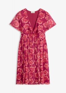 Sukienka z dżersejowej siateczki. Czerwone sukienki bonprix, bez wzorów, z dżerseju, eleganckie, bez kołnierzyka, bez ramiączek. Za 79,99 zł.