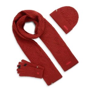 Zestaw czapka, szalik i rękawiczki Fitness Siroko Triad Pumpkin Red. Czerwone czapki SIROKO, bez wzorów, z materiału. Za 106,00 zł.
