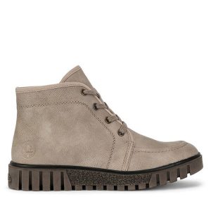 Trzewiki Rieker. Brązowe botki Rieker, bez wzorów, bez obcasa, na płaskiej podeszwie, bez zapięcia. Za 287,00 zł.