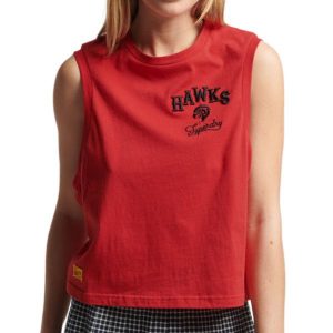 Koszulka turystyczna damska Superdry Vintage Collegiate. Czerwone koszulki sportowe Superdry, bez wzorów, z bawełny, bez ramiączek. Za 92,00 zł.