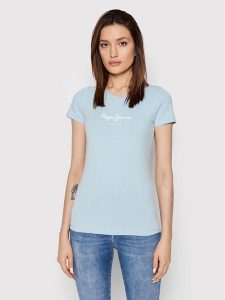 Pepe Jeans T-Shirt New Virgina PL505202 Niebieski Slim Fit. Niebieskie t-shirty Pepe Jeans, xs, bez wzorów, z bawełny, bez kołnierzyka, bez ramiączek. Za 79,99 zł.