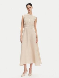 ICONA Sukienka letnia RP5LE007 Beżowy Regular Fit. Brązowe sukienki ICONA, na lato, bez wzorów, ze lnu, bez kołnierzyka, bez ramiączek. Za 609,99 zł.