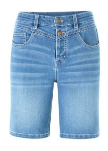 Bermudy jeansowe slim fit, mid waist. Niebieskie jeansy bonprix, bez wzorów, z jeansu. Za 114,99 zł.