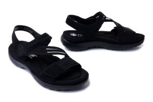 RIEKER 64870-02 black, sandały damskie. Czarne sandały Rieker, bez wzorów, z gumy, bez obcasa, bez zapięcia. Za 309,90 zł.