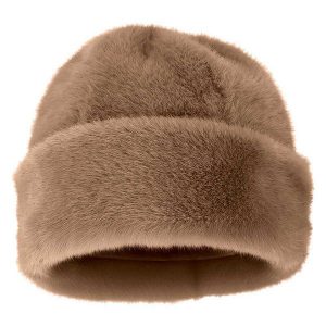 Damska czapka puchowa, supermiękka, w kolorze taupe, jeden rozmiar. Brązowe czapki SARLINI, bez wzorów, z materiału, biznesowe. Za 128,95 zł.