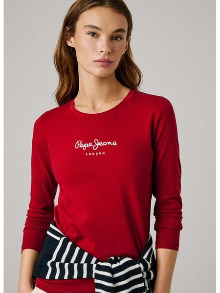 Pepe Jeans Koszulka "New Virginia" w kolorze czerwonym rozmiar: M. Czerwone bluzki Pepe Jeans, m, bez wzorów, z jeansu, bez kołnierzyka, bez ramiączek. Za 109,00 zł.