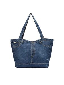 Guess Jeans Torebka M6YZ42 D2278 Granatowy. Niebieskie shopper bag Guess Jeans, z aplikacjami, z jeansu, bez dodatków. Za 299,99 zł.