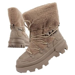 Buty śniegowce Lee Cooper LCJ-24-47-3149L beżowy. Brązowe buty zimowe z materiału, przed kolano, bez obcasa, bez zapięcia. Za 332,50 zł.