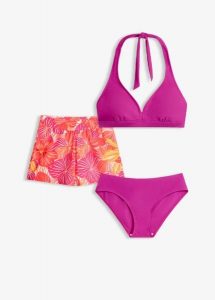 Bikini z ramiączkami łączonymi z tyłu na szyi + dolna część stroju (3 części). Fioletowe bikini bonprix, bez wzorów. Za 149,99 zł.