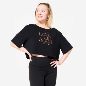 Koszulka do tańca modern jazz damska Starever crop top. Czarne bluzki STAREVER, xl, bez wzorów, z elastanu, eleganckie, bez kołnierzyka, bez ramiączek. Za 59,99 zł.