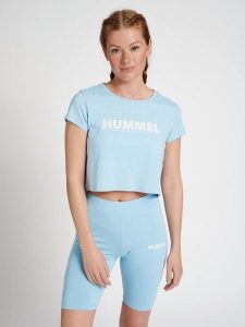 Damska koszulka crop top Hummel Legacy. Niebieskie topy Hummel, xs, bez wzorów, z bawełny, klasyczne, bez kołnierzyka, bez ramiączek. Za 84,11 zł.