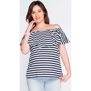 Bluzka w kolorze czarno-białym do karmienia. Białe bluzki marki Cool Mama, w paski, z kołnierzem typu carmen. W wyprzedaży za 89,95 zł.