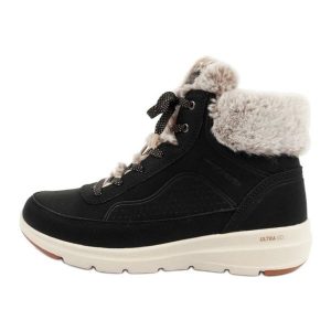 Buty Skechers 144199/BLK czarne. Czarne botki bez wzorów, ze skóry ekologicznej, bez obcasa, bez zapięcia. Za 432,01 zł.