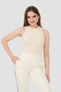GUESS Beżowy top Edie Tank. Brązowe topy Guess, s, z aplikacjami, bez kołnierzyka, bez ramiączek. W wyprzedaży za 122,99 zł.