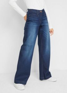 Dżinsy wide leg, mid waist, elastyczna gumka w talii. Niebieskie jeansy bonprix, bez wzorów, z bawełny. Za 137,99 zł.