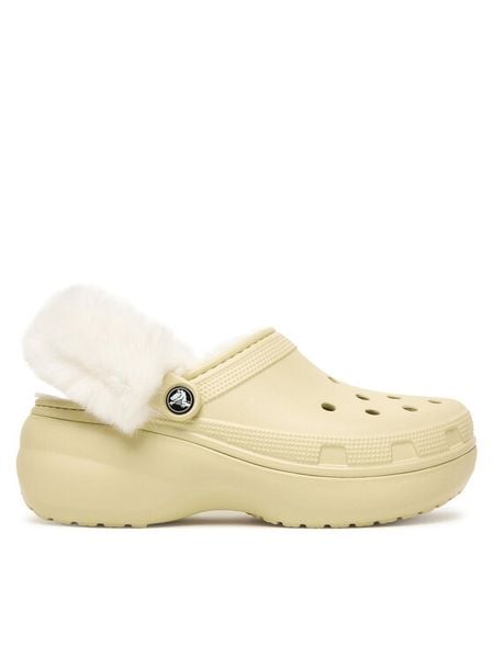 Crocs Klapki Classic Platform Fuzz Lined Clog 212854 Beżowy. Brązowe klapki Crocs, bez wzorów, z tworzywa sztucznego, bez obcasa. Za 309,99 zł.