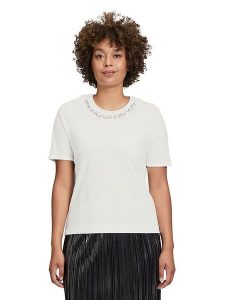 CARTOON Koszulka w kolorze kremowym rozmiar: 42. Brązowe bluzki Cartoon, z aplikacjami, z bawełny, bez kołnierzyka, bez ramiączek. Za 69,99 zł.