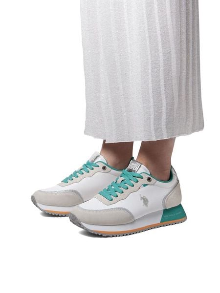 U.S. Polo Assn. Sneakersy w kolorze biało-turkusowym rozmiar: 36. Białe trampki U.S. Polo Assn., bez wzorów, z materiału, bez zapięcia. Za 217,99 zł.