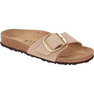 Damskie japonki duża matowa złota klamra MADRID. Brązowe klapki Birkenstock, bez wzorów, z materiału, bez obcasa. Za 486,00 zł.