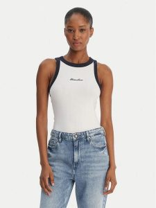 Guess Jeans Top W6GPZ8 KF641 Biały Slim Fit. Białe topy Guess Jeans, xxl, z aplikacjami, z bawełny, bez kołnierzyka, bez ramiączek. Za 159,99 zł.