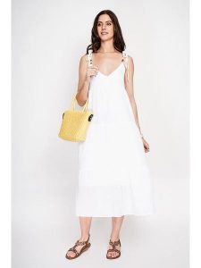 ASSUILI Lniana sukienka w kolorze białym rozmiar: 38. Białe sukienki Assuili, bez wzorów, ze lnu, bez kołnierzyka, bez ramiączek, maxi, rozkloszowane. Za 130,99 zł.