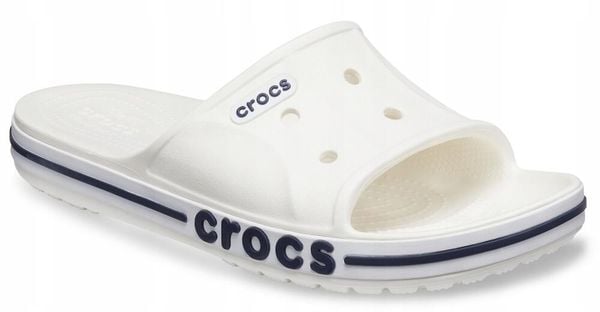 Klapki Dla Dorosłych Crocs Bayaband Slide. Białe klapki Crocs, bez wzorów, z materiału, bez obcasa. Za 119,99 zł.