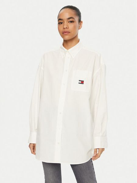 Tommy Jeans Koszula DW0DW19357 Biały Oversize. Białe koszule Tommy Jeans, s, bez wzorów, z bawełny, bez kołnierzyka, bez ramiączek. Za 269,99 zł.