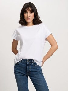 Cross Jeans Koszulka w kolorze białym rozmiar: S. Białe bluzki Cross Jeans, s, bez wzorów, z bawełny, bez kołnierzyka, bez ramiączek. Za 48,16 zł.