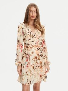 Guess Sukienka koktajlowa W5YK20 WDW82 Beżowy Regular Fit. Brązowe kombinezony Guess, xs, z aplikacjami, z syntetyku, wizytowe, bez kołnierzyka, bez ramiączek. Za 399,99 zł.