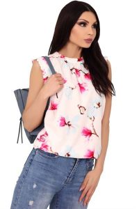 Biała Letnia Bluzka z Kwiatowym Motywem z Falbankami. Białe bluzki Merribel, l, bez wzorów, z materiału, bez kołnierzyka, bez ramiączek. Za 92,90 zł.