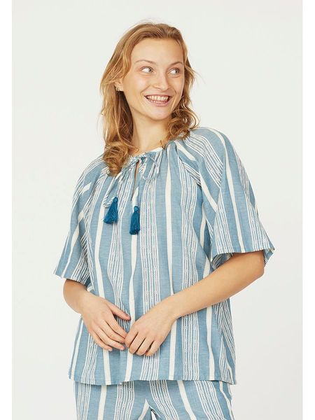 SisterS point Bluzka w kolorze błękitno-kremowym rozmiar: XS. Niebieskie bluzki Sisters Point, xs, bez wzorów, z bawełny, bez kołnierzyka, bez ramiączek. Za 48,05 zł.