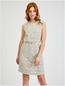 Orsay Sukienka w kolorze beżowo-czarno-białym rozmiar: 36. Białe sukienki Orsay, bez wzorów, ze skóry, bez kołnierzyka, bez ramiączek, mini. Za 91,77 zł.