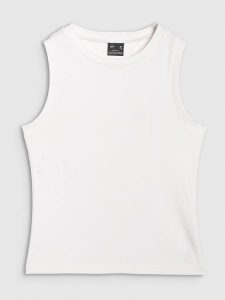 4F Top slim gładki damski - biały XL. Białe topy 4f, xl, bez wzorów, z bawełny, klasyczne, bez kołnierzyka, bez ramiączek. Za 39,99 zł.