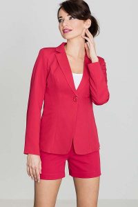 Elegancki Czerwony Żakiet na Jeden Guzik z wywijanym Mankietem. Czerwone marynarki i żakiety Katrus, l, bez wzorów, z materiału, eleganckie. Za 249,00 zł.