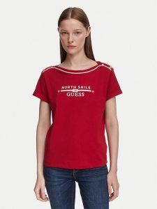 Guess T-Shirt W6YI58 K5317 Czerwony ciemny Regular Fit. Czerwone t-shirty Guess, s, z aplikacjami, z bawełny, bez kołnierzyka, bez ramiączek. Za 234,99 zł.