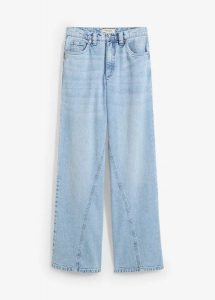 Dżinsy Wide Leg, high waist, low stretch. Niebieskie spodnie z wysokim stanem bonprix, bez wzorów, z bawełny, z podwyższonym stanem. Za 64,99 zł.