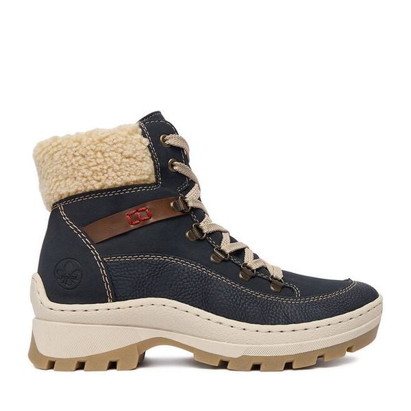 Trzewiki Rieker. Niebieskie botki Rieker, bez wzorów, bez obcasa, na płaskiej podeszwie, bez zapięcia. Za 349,99 zł.