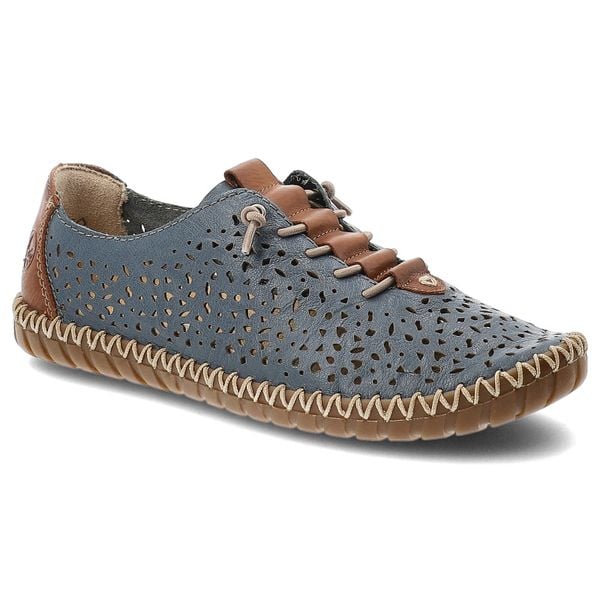 Półbuty damskie Rieker, ze skóry naturalnej z ażurową cholewką i elastyczną lekką podeszwą, niebieskie, M2856-12. Niebieskie półbuty Rieker, do pracy, na lato, m, w ażurowe wzory, z materiału, biznesowe, bez kołnierzyka, bez ramiączek, dopasowane. Za 329,00 zł.