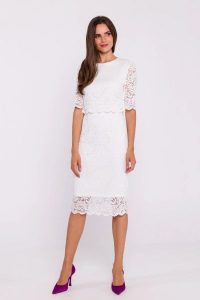 Elegancka ołówkowa dwuczęściowa sukienka koronkowa ecru. Sukienki Stylove, na imprezę, l, bez wzorów, z koronki, eleganckie, bez kołnierzyka, bez ramiączek, ołówkowe. Za 449,00 zł.