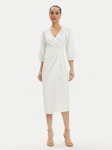 Nissa Sukienka koktajlowa RZ14824 Biały Regular Fit. Białe sukienki Nissa, bez wzorów, z syntetyku, wizytowe, bez kołnierzyka, bez ramiączek. Za 669,00 zł.