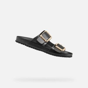 Sandały damskie Geox Brionia. Czarne sandały Geox, bez wzorów, bez obcasa, bez zapięcia. Za 379,50 zł.