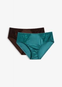 Figi maxi z efektem połysku (2 pary). Niebieskie figi bonprix, bez wzorów, z koronki. Za 77,99 zł.