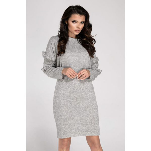 Sukienka w kolorze szarym. Szare sukienki marki Moda w jesiennych kolorach, melanż, z dekoltem w łódkę, z długim rękawem. W wyprzedaży za 84,95 zł.