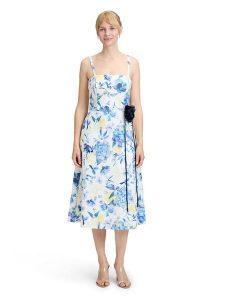 Vera Mont Sukienka w kolorze kremowo-błękitnym rozmiar: 44. Brązowe sukienki Vera Mont, z aplikacjami, bez kołnierzyka, bez ramiączek, midi, rozkloszowane. Za 304,99 zł.