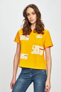 LEE CROPPED GRAPHIC DAMSKI T-SHIRT KOSZULKA RADIANT YELLOW L44TEPLG 112109987. Żółte bluzki Lee, l, bez wzorów, bez kołnierzyka, bez ramiączek. Za 69,99 zł.