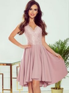 Sukienka Model Patricia 300-1 Powder Pink - Numoco. Różowe sukienki NUMOCO, l, bez wzorów, z koronki, z asymetrycznym kołnierzem, bez ramiączek, mini, asymetryczne. Za 336,51 zł.