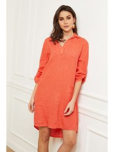 Fleur de Lin Lniana sukienka "Basta" w kolorze koralowym rozmiar: XXL. Czerwone sukienki Fleur de Lin, xxl, bez wzorów, ze lnu, bez kołnierzyka, bez ramiączek, mini. Za 131,74 zł.