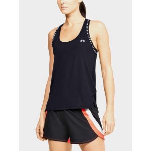 Koszulka fitness damska Under Armour Knockout Tank bez rękawów. Czarne koszulki sportowe Under Armour, bez wzorów, bez ramiączek, na fitness i siłownię. Za 109,99 zł.
