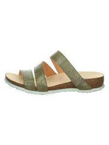 Think! Skórzane klapki "Julia" w kolorze zielonym rozmiar: 40. Zielone klapki Think, bez wzorów, z otwartym noskiem, bez obcasa, na koturnie. Za 201,55 zł.